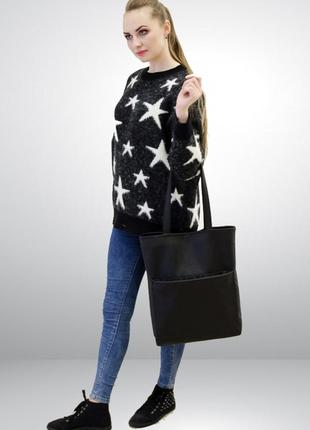 Вместительная черная женская сумка шоппер с двумя ручками и большим карманом эко-кожа4 фото