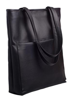 Вместительная черная женская сумка шоппер с двумя ручками и большим карманом эко-кожа5 фото