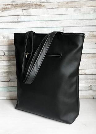 Вместительная черная женская сумка шоппер с двумя ручками и большим карманом эко-кожа8 фото