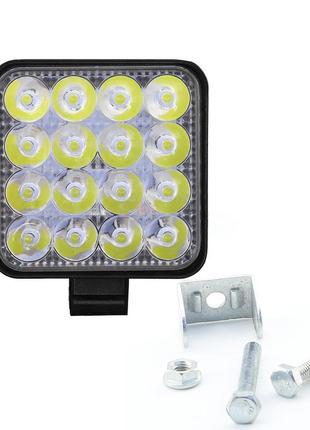 Квадратная led фара 16 диодов  48w 12-24v 6000k (8.5*8.5*1.5см) светодиодная лэд фара с креплением.