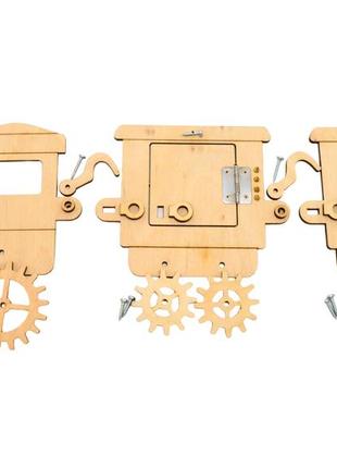 Заготовка для бизиборда поезд с вагонами 40х12 см (полный комплект) паровоз с прицепом и дверками2 фото