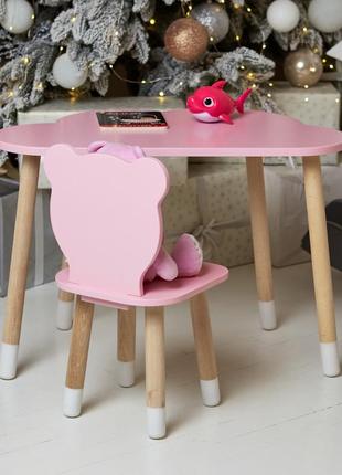 Стол тучка и стул детский розовый медвежонок. столик для уроков, игр, еды