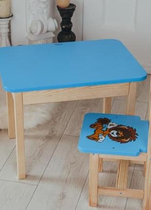 Столик с ящиком  и стульчик детский синий львенок для игры, учебы, рисования.1 фото