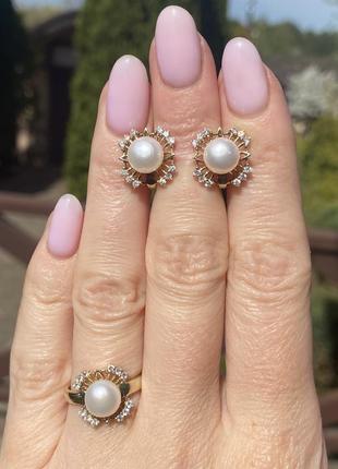 Новий красивий набір сережки та каблучка перстень срібло, золото, природні білі перли8 фото