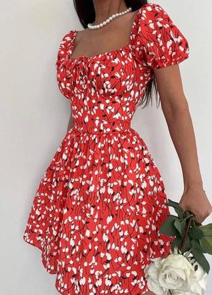 Красное женское платье мини в цветочный принт женская нежное короткое платье в цветы штапель