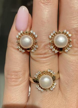 Новий красивий набір сережки та каблучка перстень срібло, золото, природні білі перли3 фото