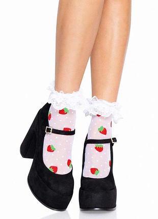 Носки женские с клубничным принтом leg avenue strawberry ruffle top anklets one size, кружевные манж