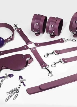 Набор feral feelings bdsm kit 7 burgundy, наручники, поножи, коннектор, маска, паддл, кляп, зажимы