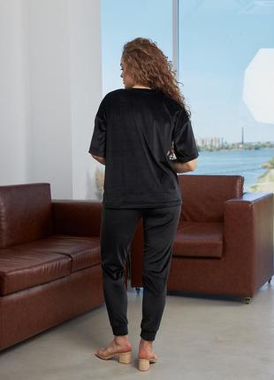 Костюм - двойка женский велюровый, спортивный, футболка, штаны,  однотонный, черный5 фото