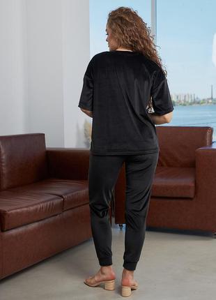 Костюм - двойка женский велюровый, спортивный, футболка, штаны,  однотонный, черный6 фото