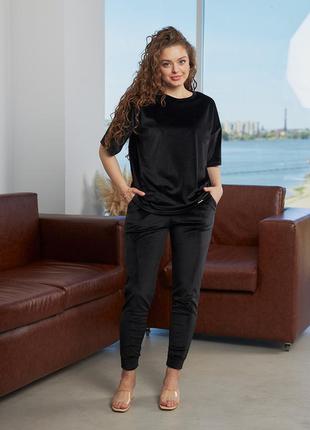 Костюм — двійка жіночий велюровий, спортивний, футболка, штани, однотонний, чорний2 фото