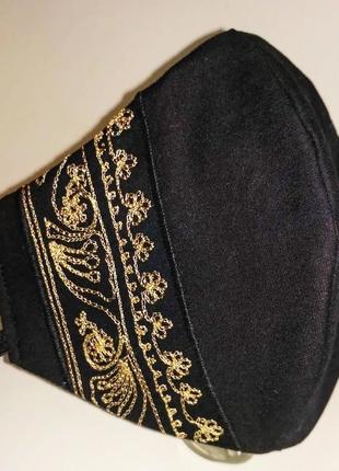 Маска дизайнерская вышивка защита захист носовой зажим чёрная золото коттон мв-47