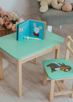 Стіл із шухлядою і стілець зелений із зображенням зайчик дитячий . для гри,навчання, малювання, гри.