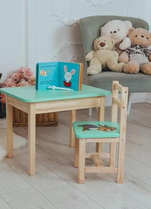Стіл із шухлядою і стілець зелений із зображенням зайчик дитячий . для гри,навчання, малювання, гри.8 фото