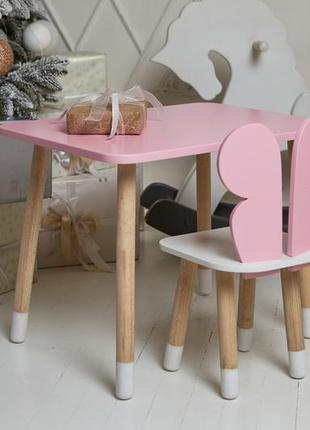 Детский  прямоугольный стол и стул бабочка с белым сиденьем. столик розовый детский7 фото