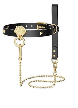 Розкішний нашийник з повідцем zalo collar & leash set black, натуральна шкіра