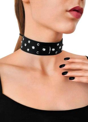 Ошейник из натуральной кожи с заклепками и стразами art of sex - jenna collar, черный