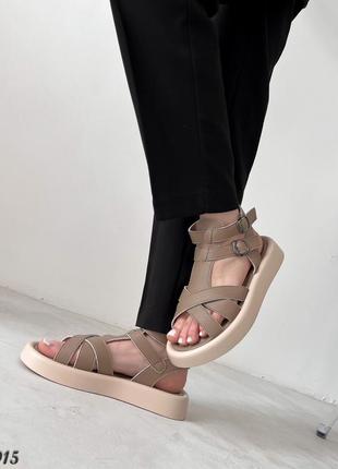 Женские босоножки кожаные с ремешками / сандалии натуральных кожа беж7 фото