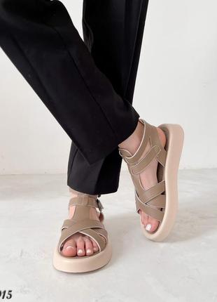 Женские босоножки кожаные с ремешками / сандалии натуральных кожа беж3 фото