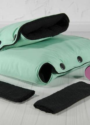 Муфта рукавички раздельные, на коляску / санки, облегающая, для рук, черный флис (цвет - мятный)