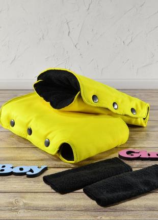 Муфта рукавички раздельные, на коляску / санки, облегающая, для рук, черный флис (цвет - желтый)