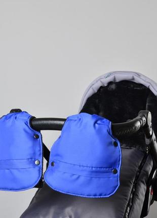 Муфта рукавички роздільні, на коляску / санки, з кишенею, універсальна, для рук, чорний фліс (колір - синій)2 фото