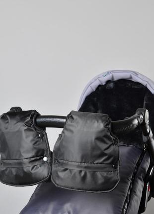 Муфта рукавички роздільні, на коляску / санки, з кишенею, універсальна, для рук, чорний фліс (колір чорний)5 фото