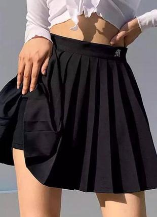 Юбка тенниска мини юбка плиссе в складку короткая клеш обильная пышная, базовая трендовая черная4 фото
