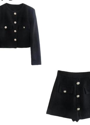 Женский твидовый костюм комплект шорты-юбка пиджак блейзер в виде zara2 фото