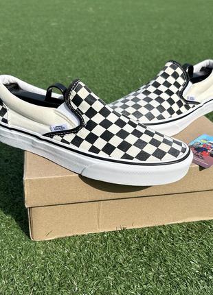 Женские летние кеды vans classic slip-on black white checkerboard1 фото