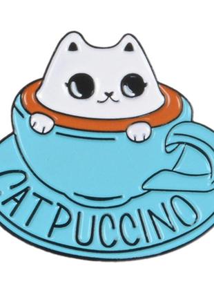 Брошь брошка значок пин металл кружка кофе капучино кот котик котпучино catpuccino
