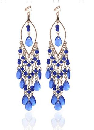 Клипсы серьги сережки (без прокола) золотистый металл корея синие подвески цепочки стиль этно 11см