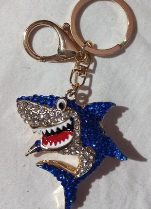 Брелок на ключи металл акула рыба камни синяя огонь! крупная красивенная