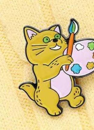 Брошь брошка значок пин кот кошка металл эмаль художник палитра краски