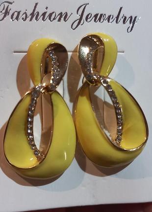 Кліпси сережки сережки (без проколювання) золотистий метал жовта емаль довга крапля пр-во корея