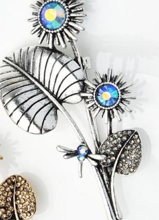 Брошь брошка цветы цветок серебристый металл бирюзовые камешки стрекоза