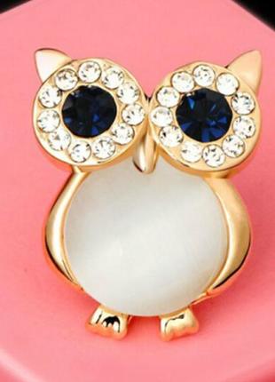 Небольшая очень милая брошь булавка брошка пин металл золотистый камни и опал филин сова совушка