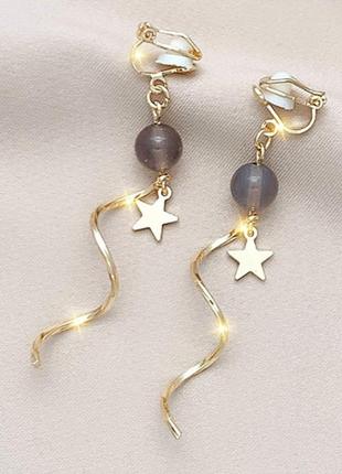 Клипсы серьги сережки (без прокола) золотистый металл пр-во корея завитушки звездочка бусинка серая!!