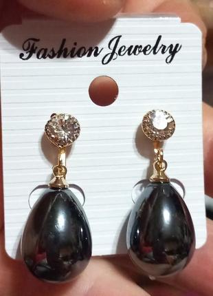 Клипсы серьги сережки (без прокола) металл пр-во корея капля перламутр черно серая