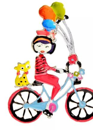 Велика брошка метал і емаль дівчина кот кульки їдуть велосипед
