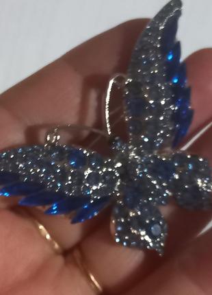 Брошь брошка крупная бабочка метелик синяя камни серебристый металл супер