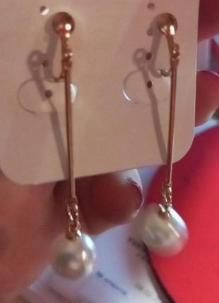Клипсы (без прокола) серьги сережки пр-во корея длинные золотистый металл жемчуг