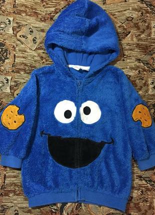 Теплая меховая махровая кофта травка от h&m seasam street с монстриком