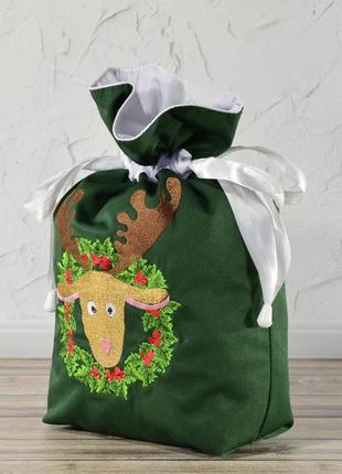 Новогодний рождественский подарочный мешочек/вышивка - олень и венок/зеленый/пп"світлана-к"2 фото