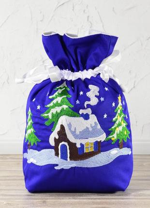 Новогодний рождественский подарочный мешочек - домик, васильковый1 фото