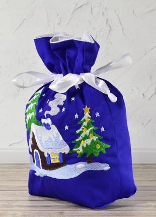 Новогодний рождественский подарочный мешочек - домик, васильковый2 фото