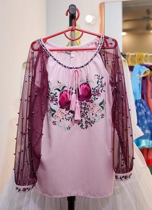 Вышиванка детская с длинным рукавом - реглан, вышивка - авторская, гладь, оникс, цвет - розовый.