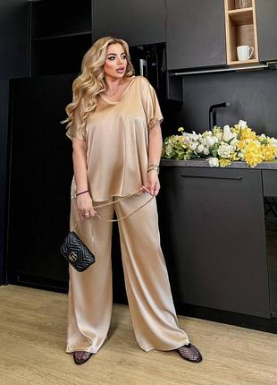 Костюм шелковый в пижамном стиле блуза футболка туника брюки штаны широкие палаццо батал черный синий зелёный мокко шоколад молоко фиолетовый бежевый