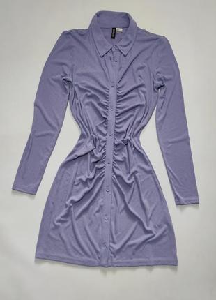 Фиолетовое лавандовое сиреневое мини платье на длинный рукав рубашка с драпировкой по фигуре поло облегающее обтягивающее3 фото