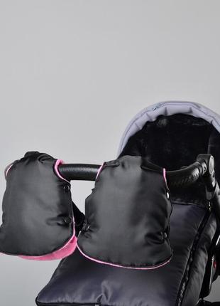 Муфта рукавички роздільні, на коляску / санки, універсальна, для рук, рожевий фліс (колір - чорний)